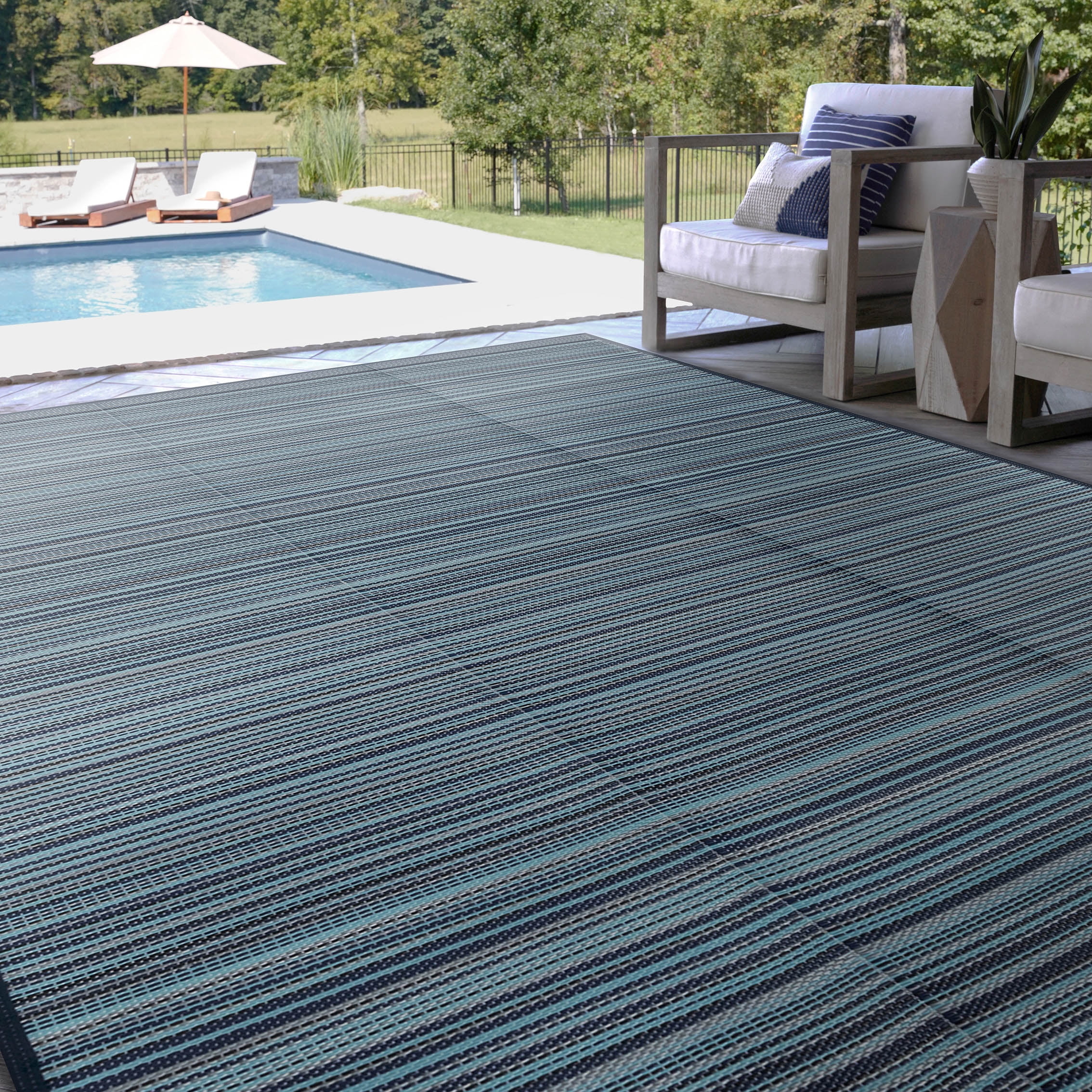 5x7 Waterproof, Reversible Plastic Straw Outdoor Rugs for Patios | Also for Camping, RV, Deck, Porch, Balcony, Camp, Patio | Navy, Stripes | Size: 5' x 6'11''