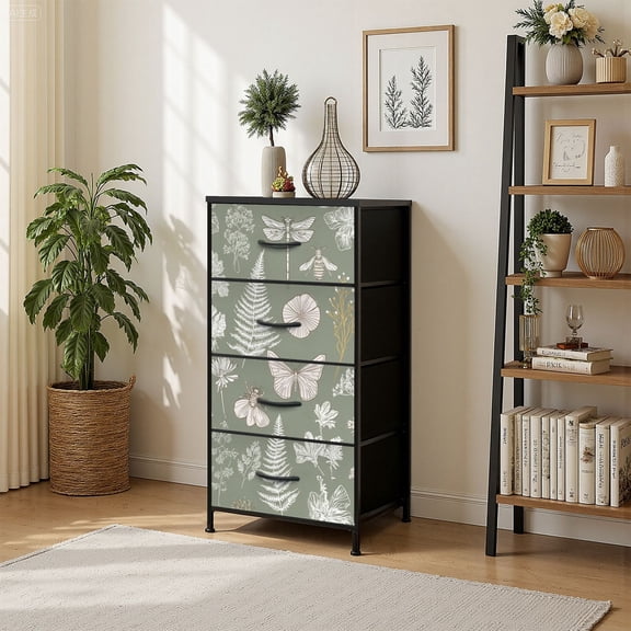 4 Drawer Vertical Storage Dresser Moths butterfly grass Hand painted texture Botanical with Wood Top Fabric Pull Drawers