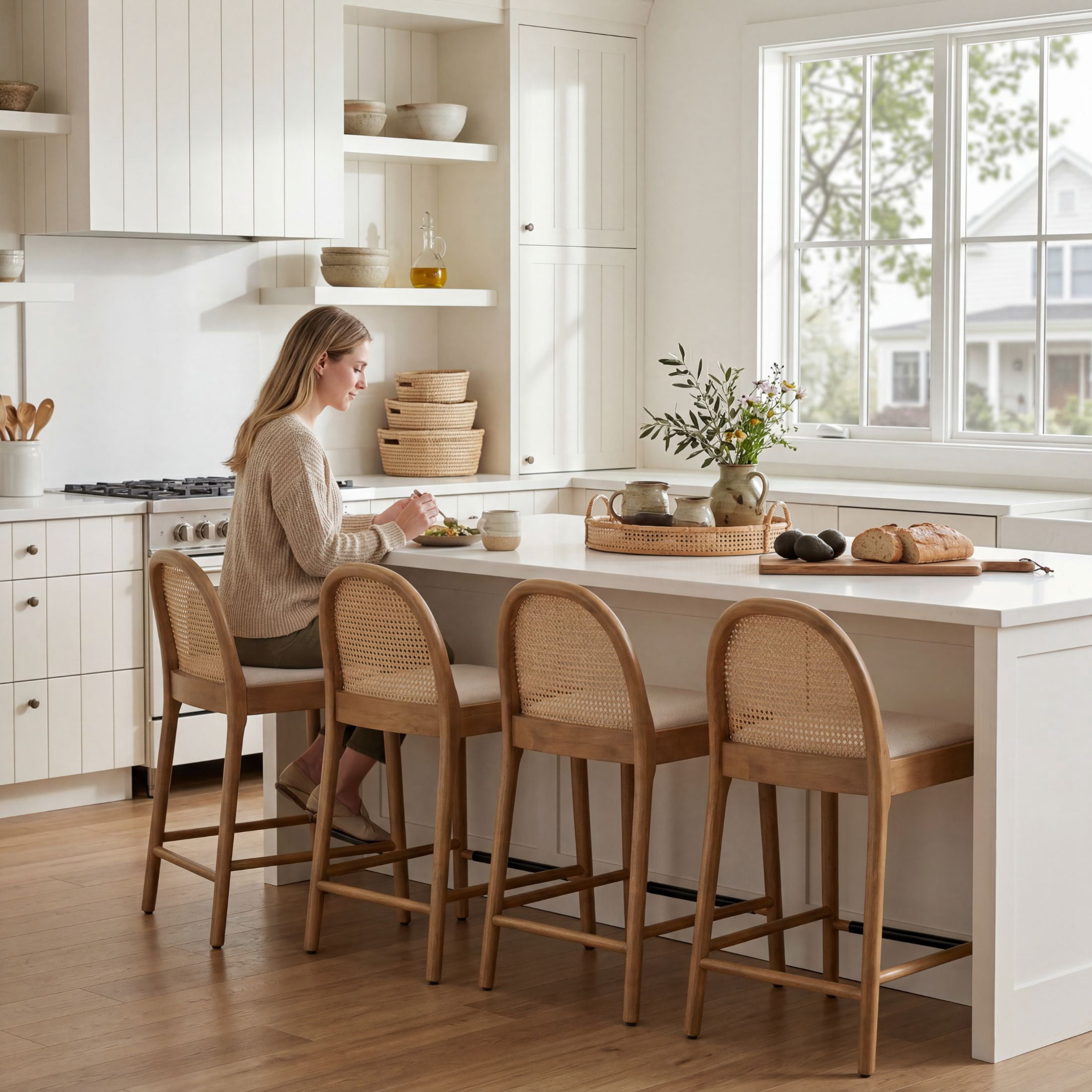 Guyou Modern Bar Stools Set of 2, 26" Counter Height Bar Stools with Natural Rattan Back and Solid Wood Frame, Linen Upholstered Kitchen Island Chairs for Bar Island Cafe Kitchen, Beige