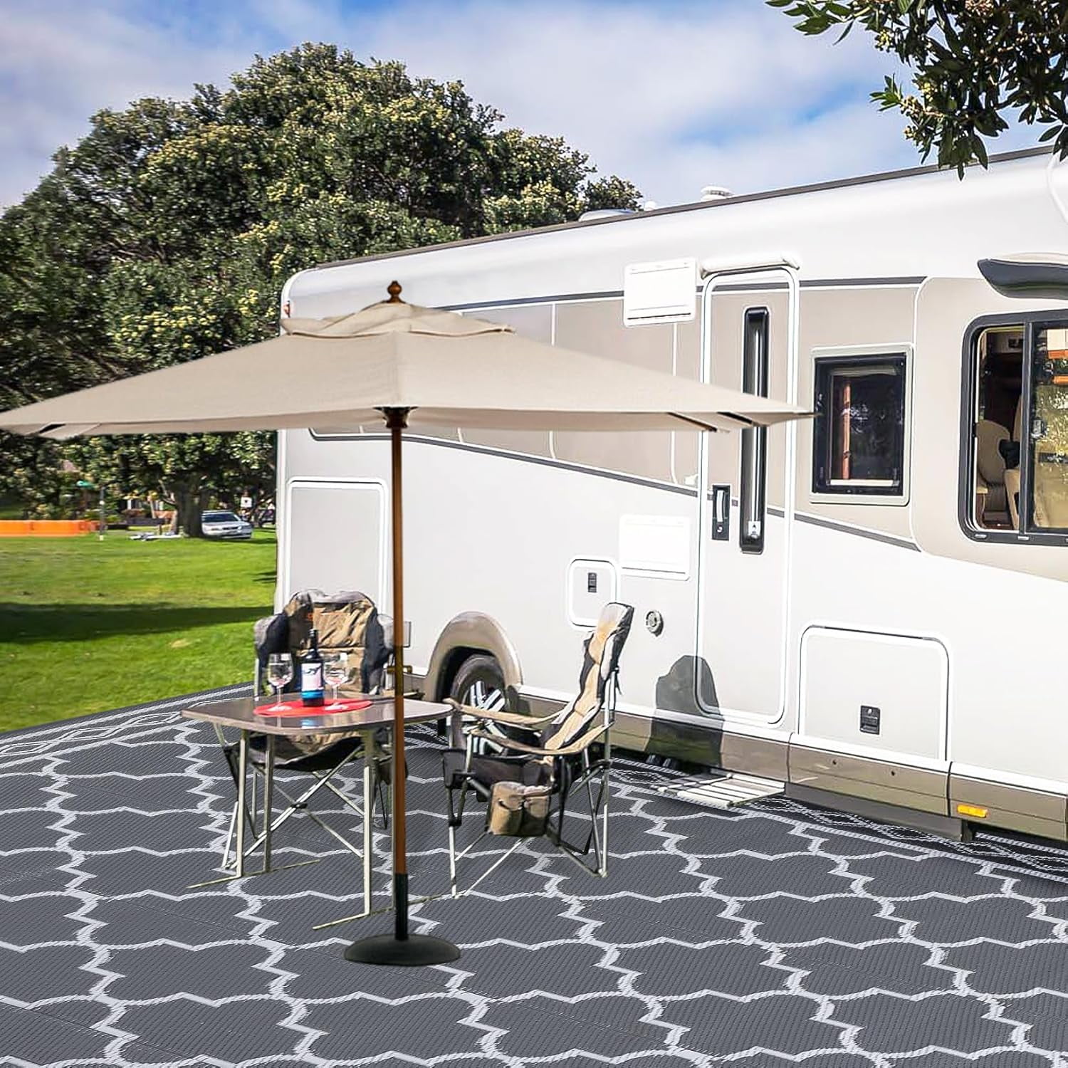 Memoryfield Outdoor Rug 10x14ft for Patios, Plastic Straw Rug Outside Carpet Mats for Picnic, Backyard, Deck, Balcony, Porch, Beach, Gray & White
