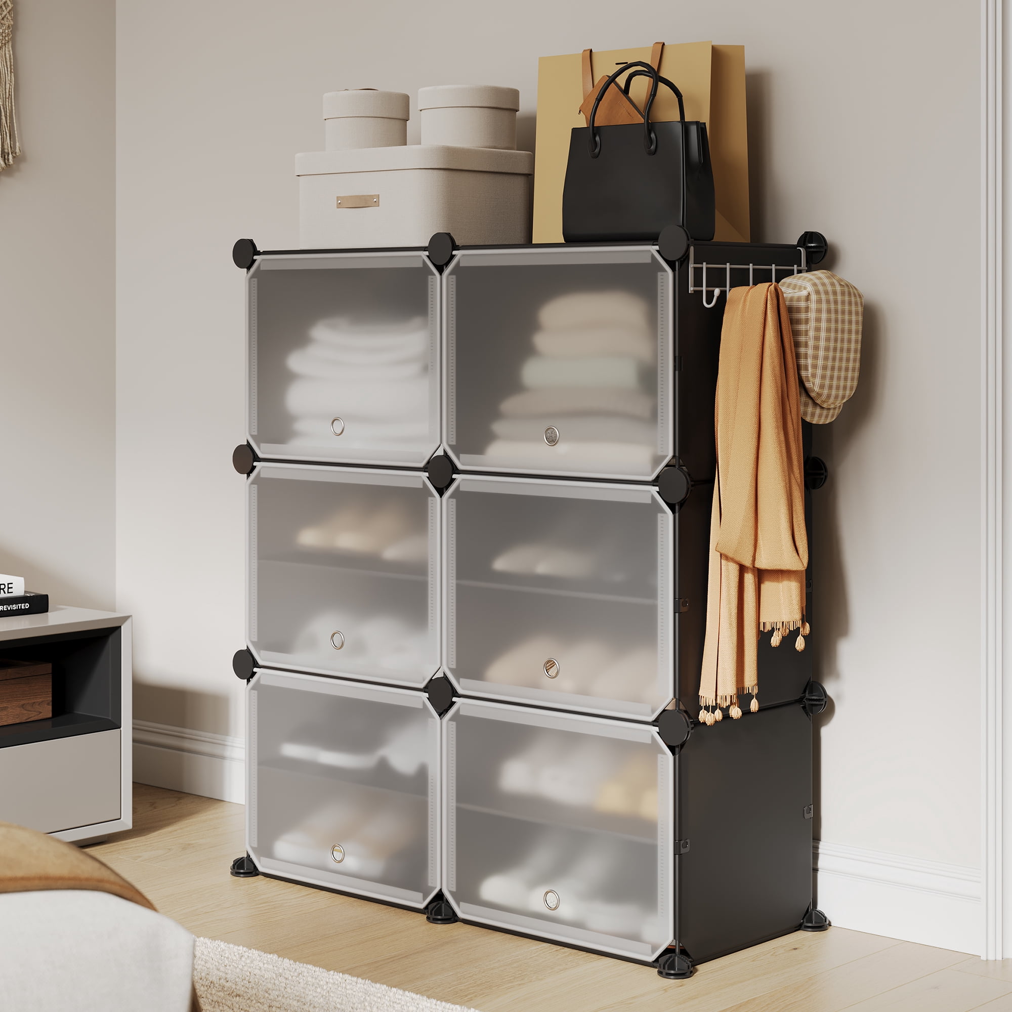 Modular 6-Cube Shoe Storage Cabinet with Doors – 6-Tier Plastic Shoe Organizer – Space-Saving – Easy DIY Assembly – for Entryway, Bedroom, Living Room – Black
