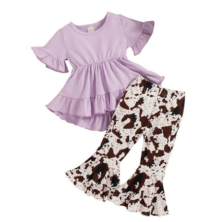 

TheFound Toddler Baby Girl Summer Clothes Short Sleeve Ruffle Top Tie Dye Print Bell Bottom Pants 2Pcs Casual Outfits