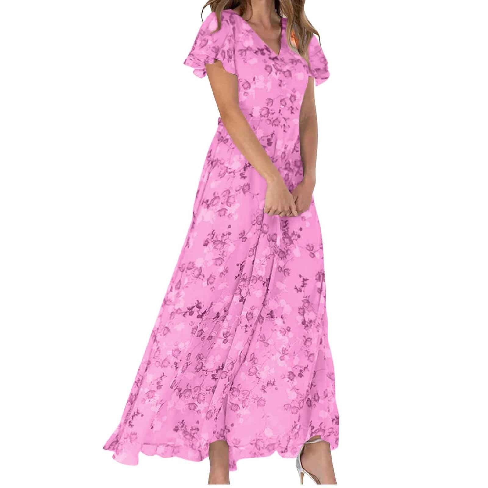JYLPZYR Petite Summer Dresses For Women Women'S Fashionable Summer Casual Floral V Neck Short Sleeved Long Dress Long(Pink,XXL)