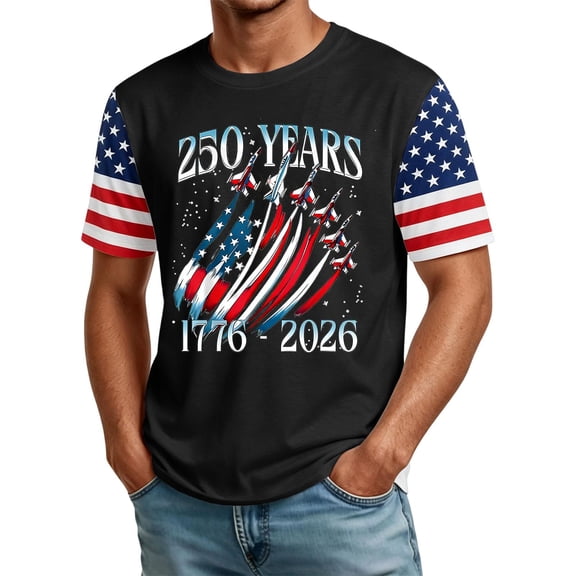 Zimjoy 4th of July Shirts for Men Patriotic Crew Neck Short Sleeve 250 Anniversary Shirts USA Flag Spliced Mens Independence Day Shirts, Black 4XL