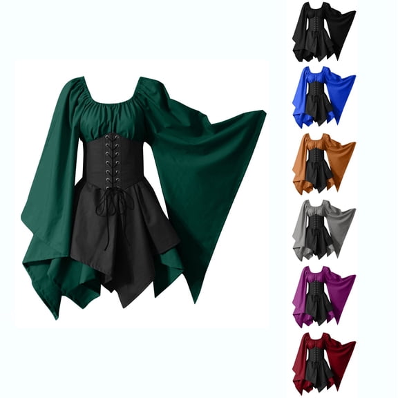 asdoklhq Holiday Dresses for Women Women Costumes Gothic Sleeve Corset Dresses Sleeve Round-Neck Knee-High Dress Black S