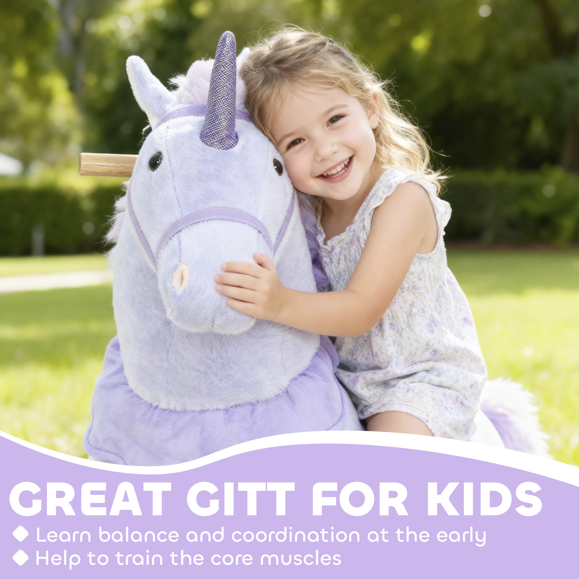 Qaba Ride on Unicorn Toy for Kids 4-7 Years, 37.8 Inch Plush Baby Rocking Horse, Mechanical Walking Animal with Wheels, No Batteries Required, Purple