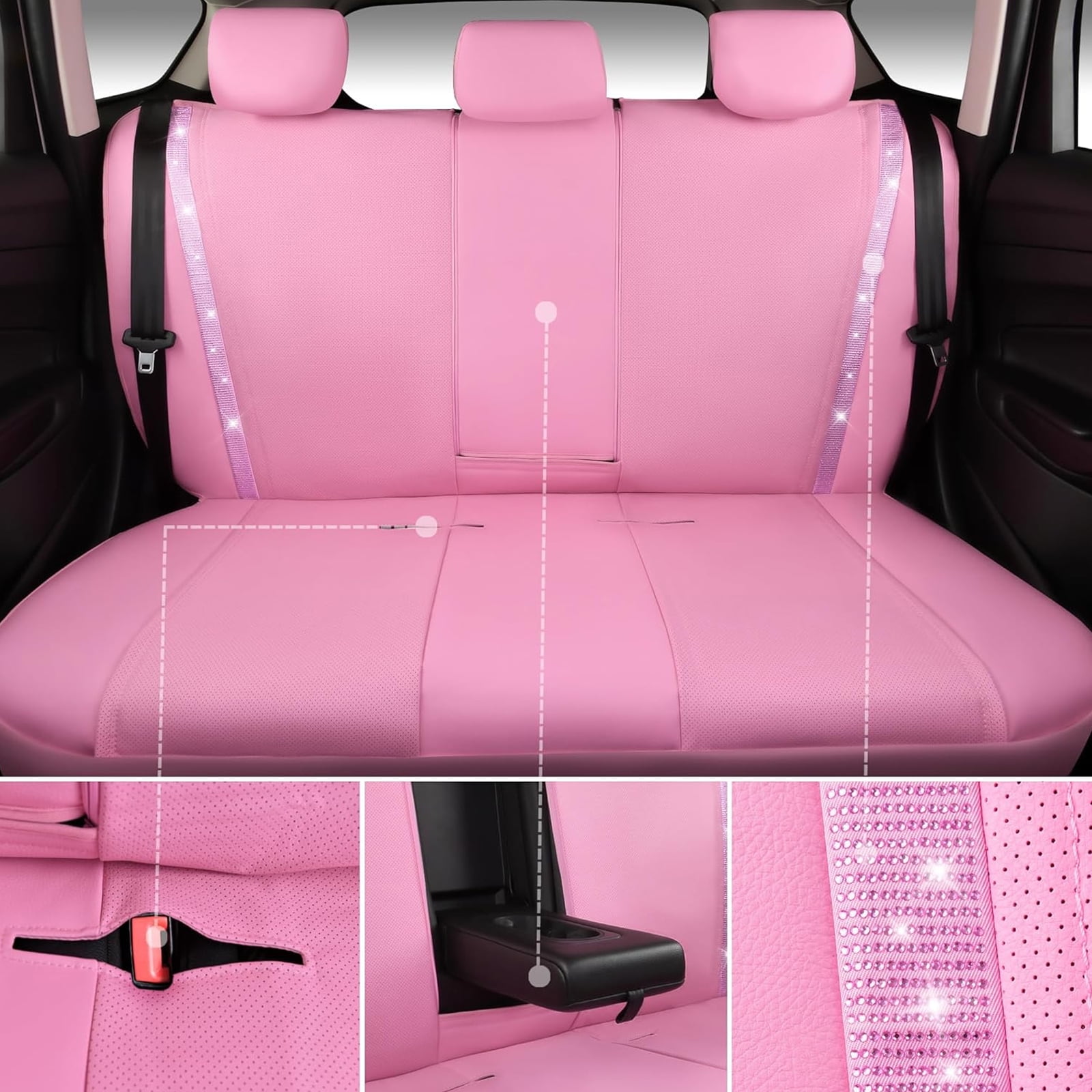 Car-Grand Bling Diamond Rhinestone Leather car seat covers full set waterproof universal shinning glitter crytal sparkle fit automotivve truck SUV Cute girl femal All Pink