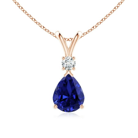 ANGARA Lab Grown 3 Ct Blue Sapphire Teardrop Pendant with Lab Diamond for Women in 14K Rose Gold (Size-10x8mm) | Anniversary Jewelry Gift for Women | Lab-Grown Blue Sapphire Necklace