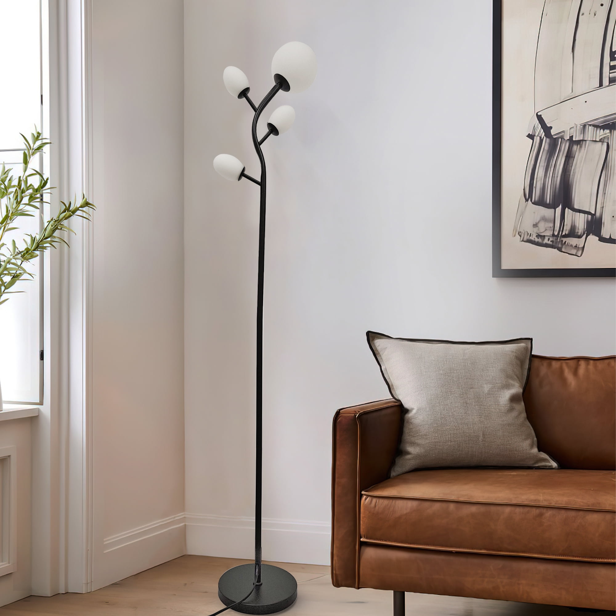 GCGAFUL 4-Light Glass Floor Lamp for Living Room, Modern Black Tree-Style Standing Lamp with Weighted Base, 3000K Warm Soft Light for Bedroom Office