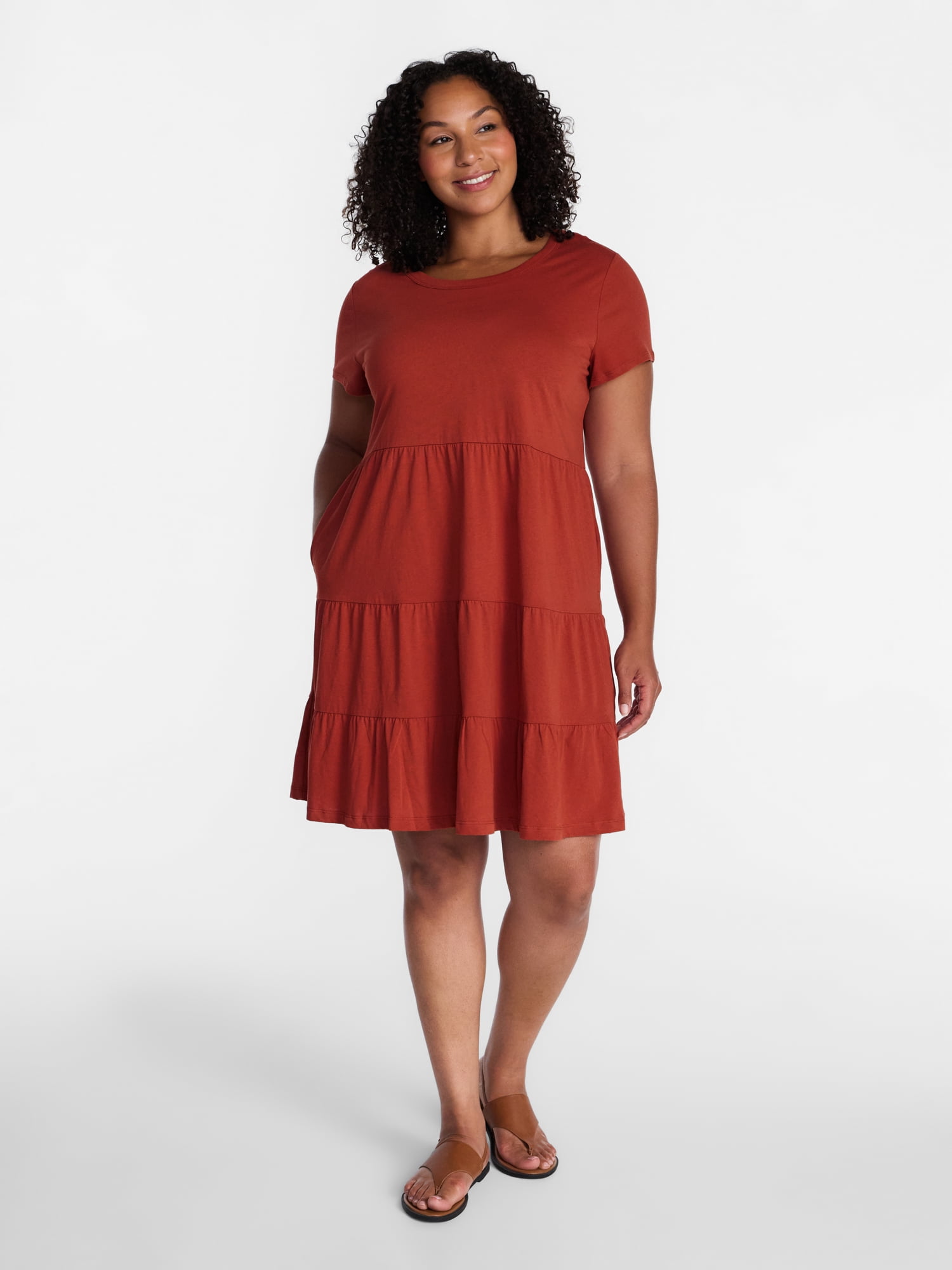 Time and Tru Women's and Women's Plus Size Tiered Cotton Dress with Short Sleeves, Sizes XS-4X