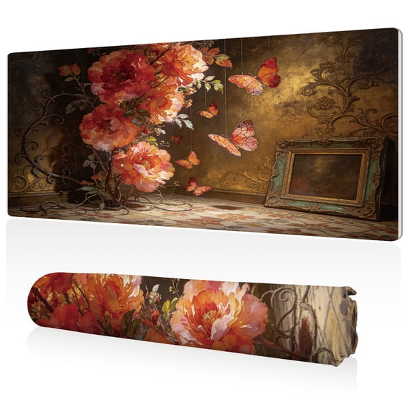 LIVEKEY Extra Large Mouse Pad 80x40x0.3cm Vintage Peony and Butterflies Art Full Desk Coverage Non Slip Durable Easy Clean Stitched Edges for Gaming and Office