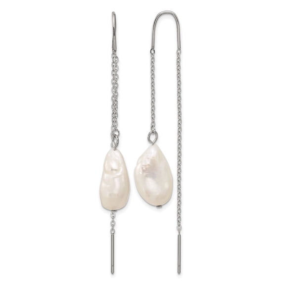 Chisel Stainless Steel Polished White Baroque Freshwater Cultured Pearl Dangle Threader Earrings