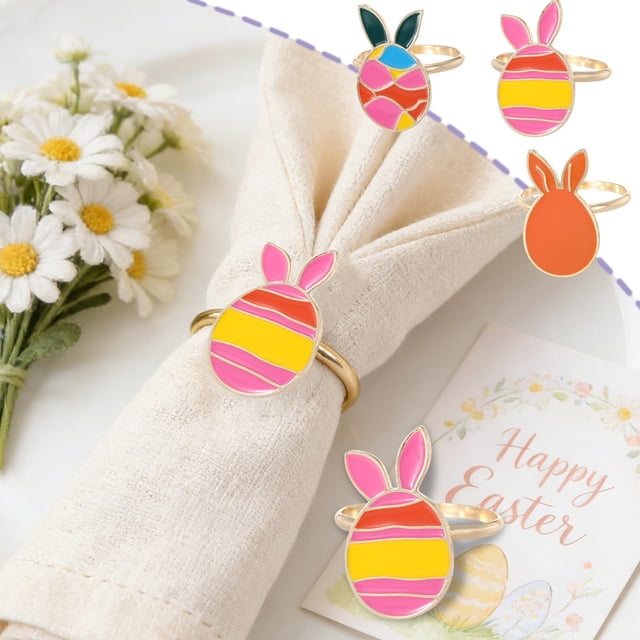 SSZMDLB 3Pcs Easter Egg Napkin Ring, Colorful Metal Napkin Holder, Cute Bunny Napkin Ring for Party, Western Restaurant Table Decor, European Style Napkin Buckle, Spring Holiday Napkin Ring