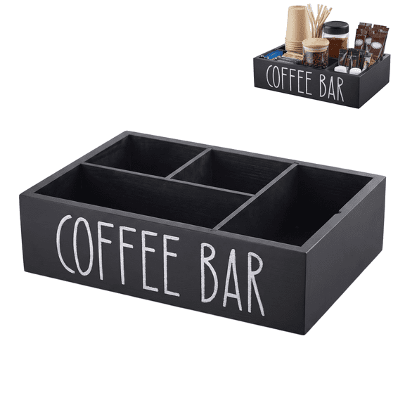 Coffee Station Organizer - Wood Countertop Accessories Organizer with Removable Dividers for Pods Condiment Syrup Tea Cups Stirrers - for Farmhouse Coffee Bar Decor