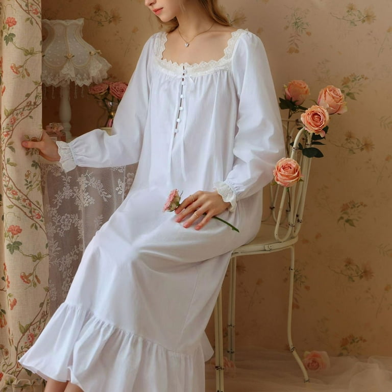 Previn Women's Cotton Victorian Nightgown Cute Pajamas Dress Princess Summer Long Night Dress Vintage Short Sleeve Ruffle Comfy Soft Sleepwear White