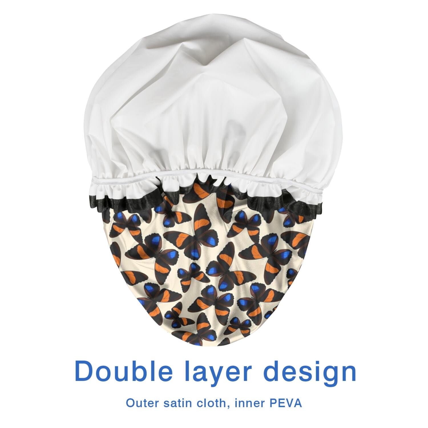 Shower Caps,Beige Butterfly Blue Orange Pattern Waterproof Shower Cap for Women 4 Pieces,Double Reusable Hair Cover for Shower PEVA Elastic Stretch Hem