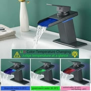LED Bathroom Basin Sink Faucet Black Waterfall Spout Mixer Tap w/ Cover