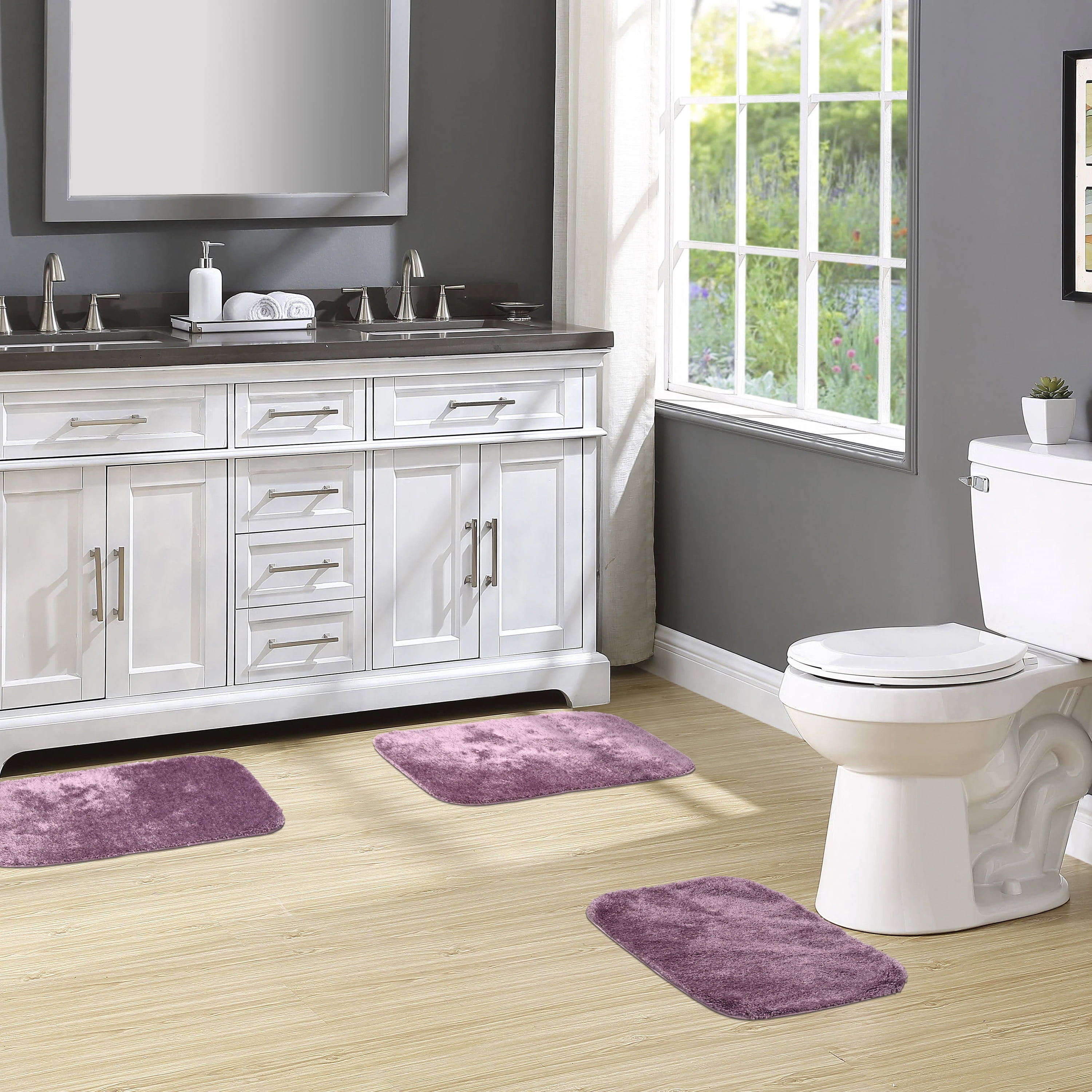 Garland Rug Traditional Washable Bath Rug Set, 3-Piece Set (17"x24" Bath Rug and Two 21"x34" Bath Rugs) Purple