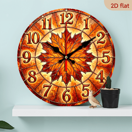 2D flat, a 10-inch wooden silent wall clock, Autumn Maple Leaves in Warm Tones. Suitable for bedroom, living room, office decoration. Also a gift for various festivals.
