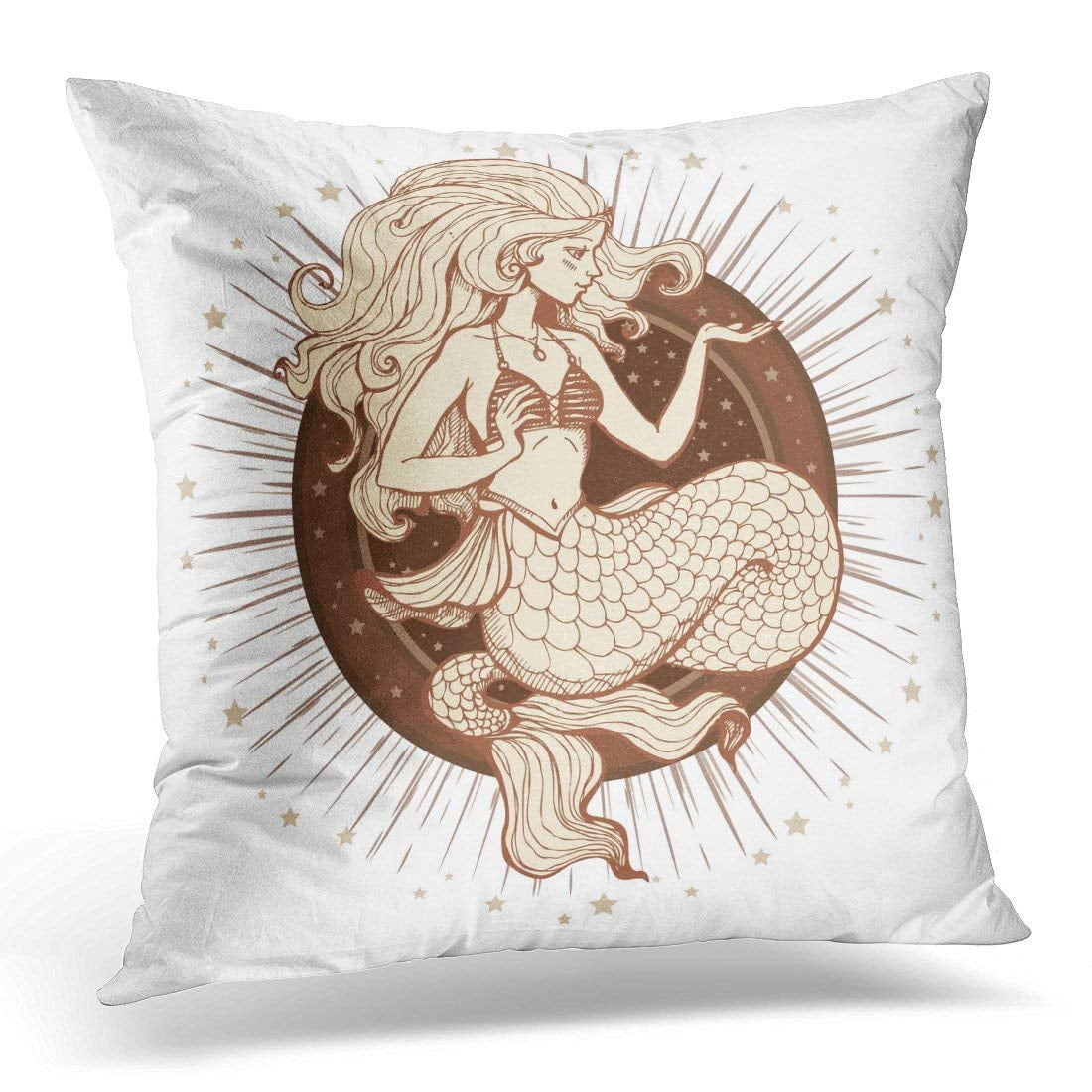 ARHOME Ocean Beauty Mermaid with Long Hair and Stars Fantasy Mythology with Starburst Bags Sketch Pillow Case Pillow Cover 18x18 inch