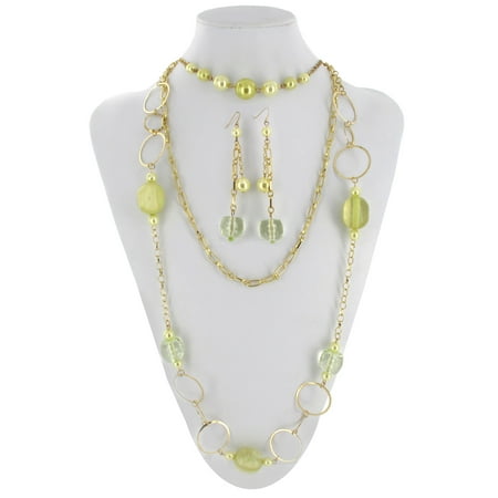 Big Faux Pearl - Drop Chain Beaded Earrings and Statement Bib Layered Big Link Gold Tone Necklace Set Pieces - Yellow Faux Pearl and Green
