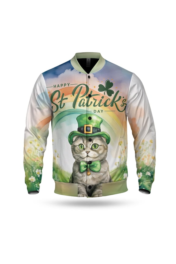 Happy St. Patricks Day Scottish Fold with Green Hat Shamrocks Rainbow All Over Print 3D Baseball Jacket Cat Lover Kitten Owner Gifts Bomber Jacket Softball - 03007