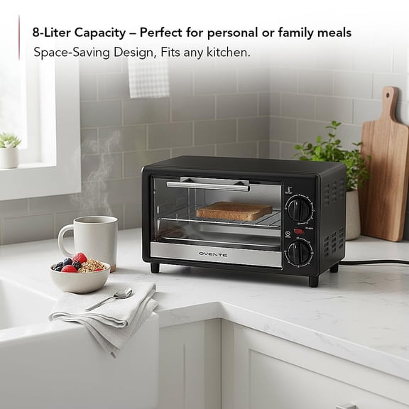 8L Countertop Toaster Oven with 60-Minute Timer, Adjustable Temperature Control, Easy-to-Clean Baking Pan, 750W Compact Mini for Pizza, Toast, Bake, and Broil, Black TO2808B