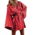 thumbnail image 1 of Femmes V-Cou Kimono Cardigan Mini Robe Coton Lin Manches Longues Ceintures Robes Robe Style Dentelle jusqu'à Gilets Lâches, 1 of 13