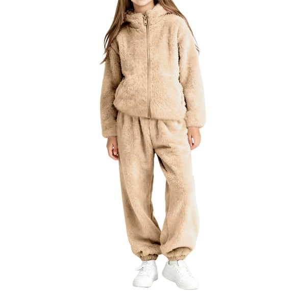 OGLCCG Girls Fuzzy Pants Set Long Sleeve Fluffy Plush Full Zip Sweatshirt and Loong Pants Sets 2 Piece Loungewear Outfits 1-15 Years