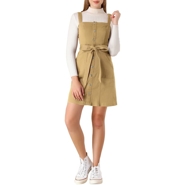 INSPIRE CHIC Vestido de mezclilla A-Line con tirantes ajustables para mujeres, Día de la Madre, primavera verano, XS caqui