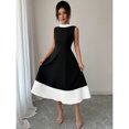 thumbnail image 4 of Black And White Sleeveless A-Line Midi Dress With Collared Neck And Patchwork Hem, 4 of 6