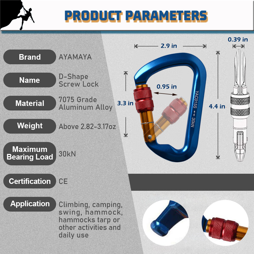 KANCOKIT 3Pack Screwgate Locking Carabiner D-Ring Clip Hook,  30KN Heavy Duty Carabiner Hook for Climbing Caving, Blue
