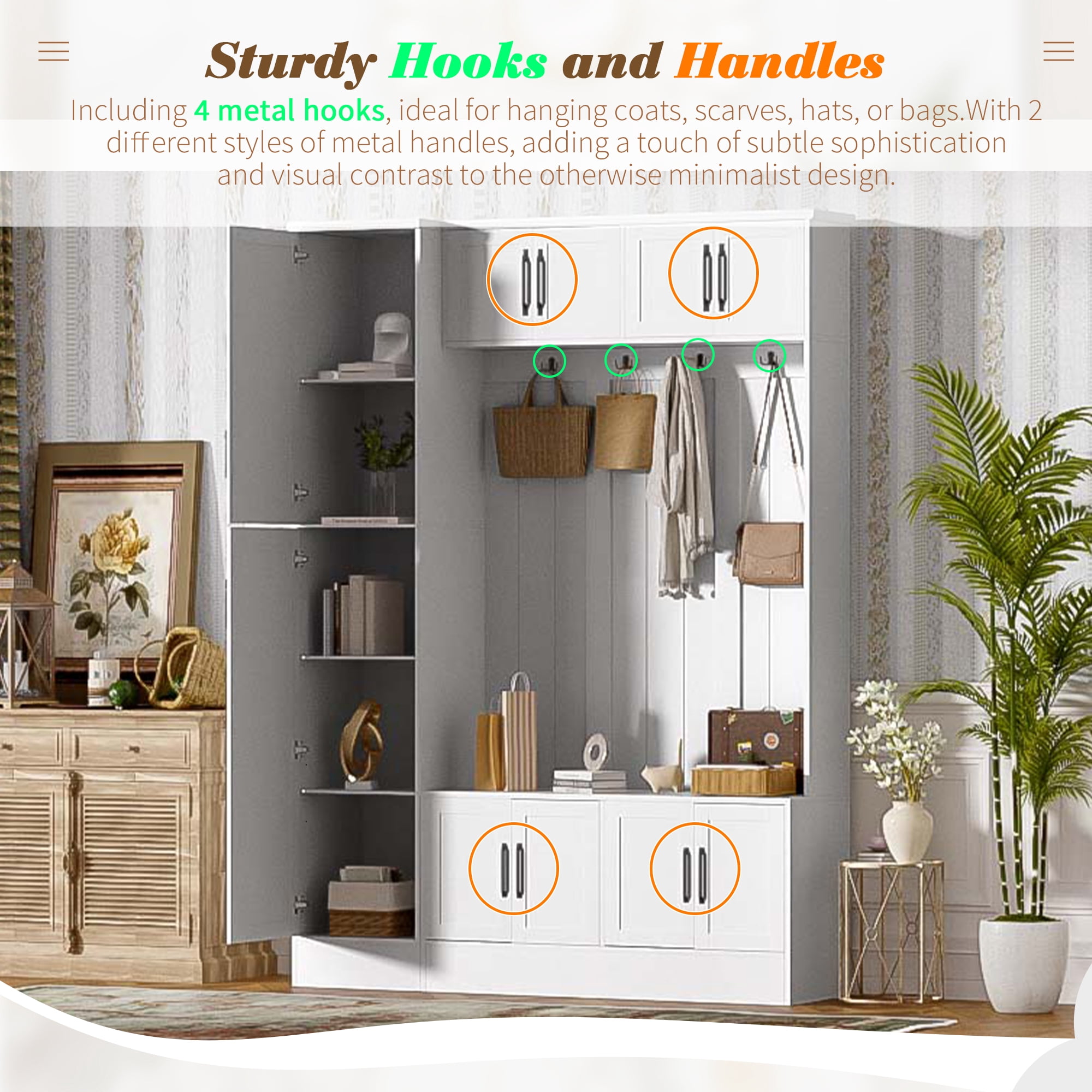 Euroco 79'' Tall Modern Hall Tree with Shoe Storage, 4-in-1 Entryway Bench with 6 Cabinets, 4 Coat Hooks & Adjustable Shelf for Hallway, living room, White