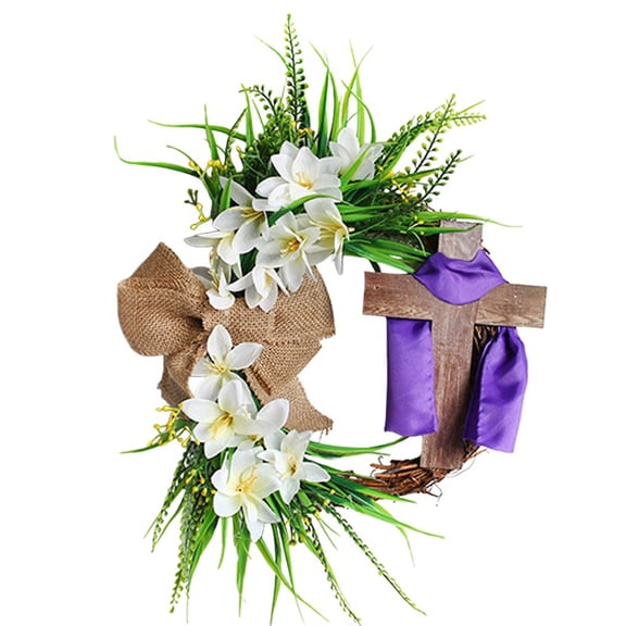 Easter Spring Wreath with Cross and White Lilies Handmade Floral Decoration for Home and Door 18 Inch