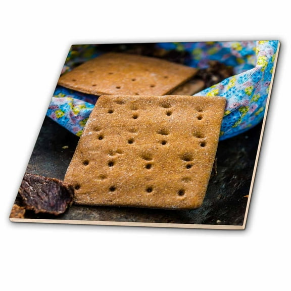 3dRose, Hardtack of sea biscuits in a fabric bag and a piece of dried meat, 8 Inch Ceramic Tile