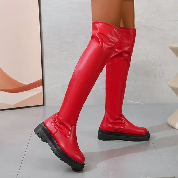 YOUSNH Ladies Fashion Retro Winter Solid Leather Thick Heel Long Sleeve Over Knee Boots Shoes Woman 2024 Trend Red 6.5