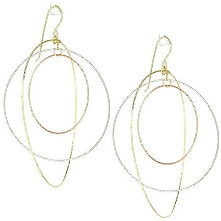 American Designs 14kt Yellow, White and Rose Gold Tri-Color Diamond-Cut Intertwined Round Circular Hoop Earrings, French Wire
