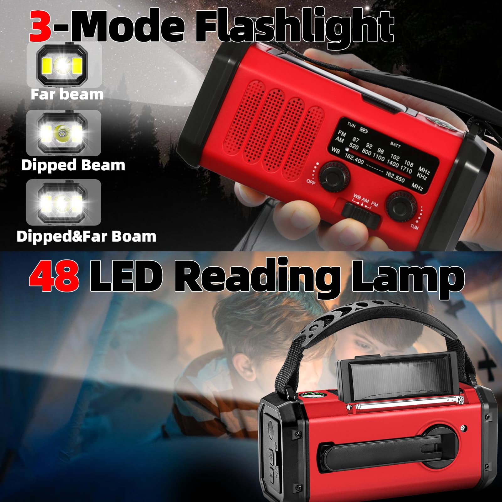 Emergency Weather Radio 37000mwh Portable Noaa/am/fm Crank  Reading Light Solar Sos Flashlight Multiple Power Sources For Hurricanes And Emergencies