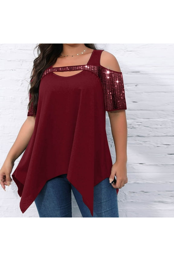 Plus Size Tops for Women Cold Shoulder Cutout V Neck Sequin Blocked Blouse Solid Color Irregular Hem Shirts Casual Loose Dressy Blouse
