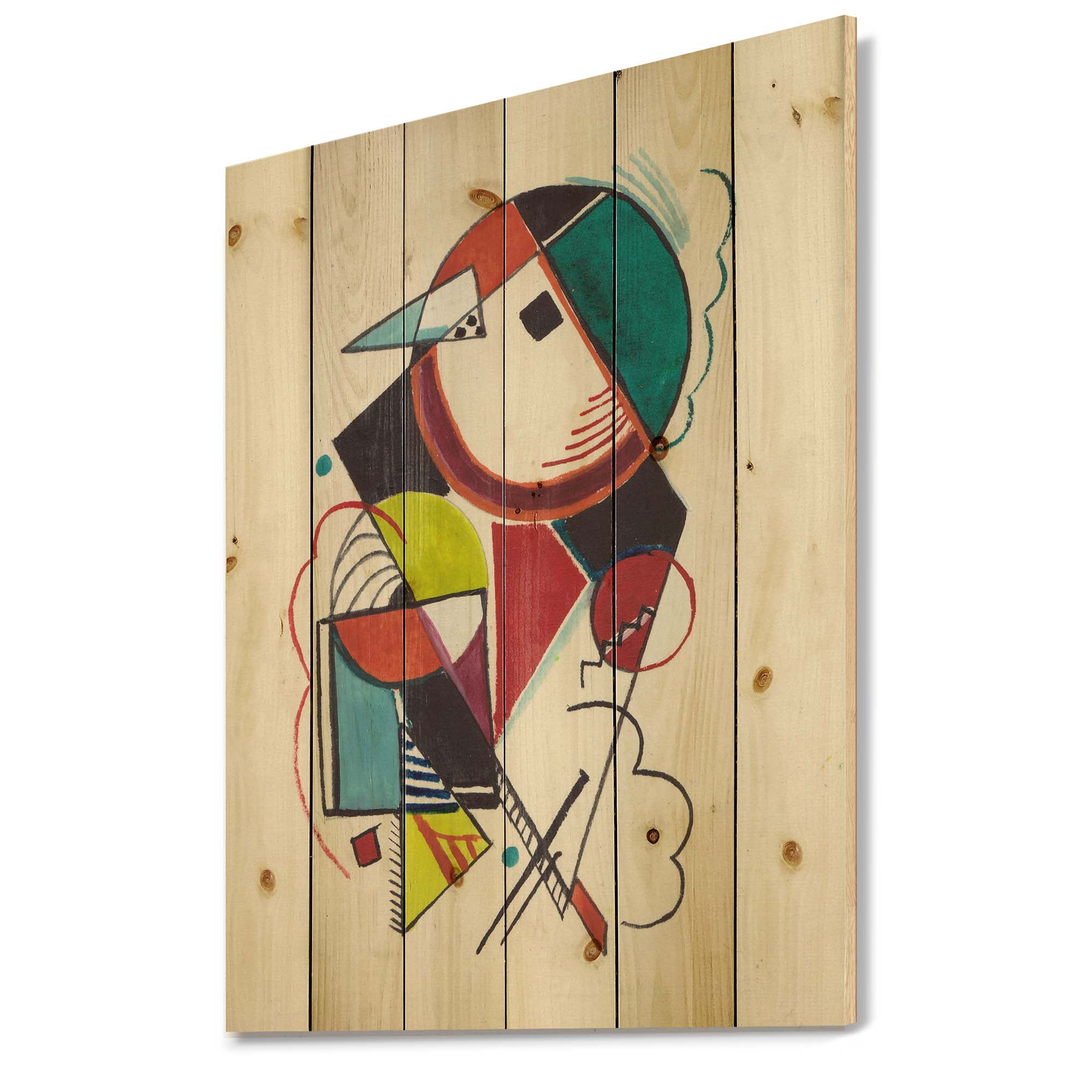 Designart 'Abstract Compositions Of Colored Geometric II' Modern Print on Natural Pine Wood