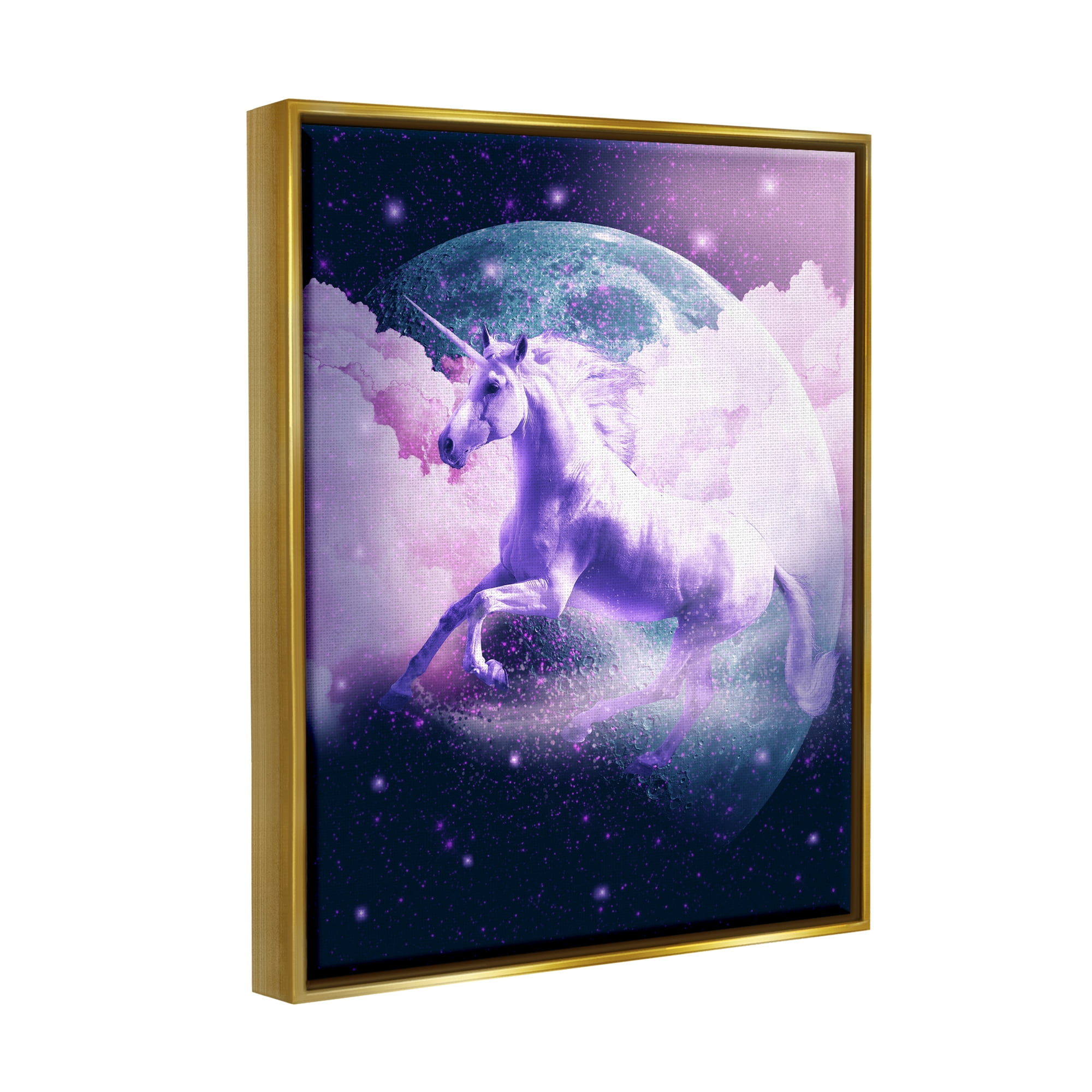 Stupell Industries Unicorn in Outer Space Fairy Tales & Fantasy Painting Gold Floater Framed Canvas Art Print Wall Art, 25 x 31