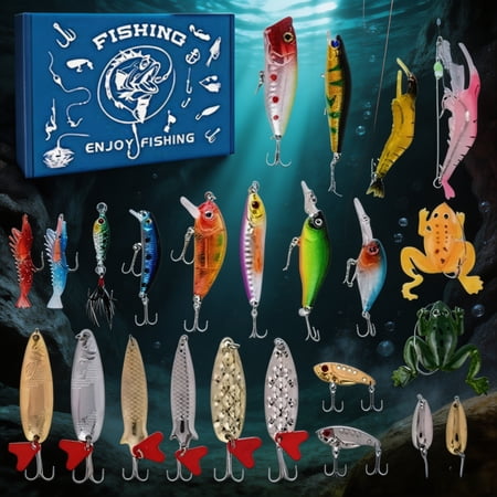 QLUEWX 24Pcs Fishing Bait Advent Calendar 2026 for Men Teen Boys Christmas Countdown Blind Tackle Box Mixed Frog Minnow Spoon Soft Hard Lures Xmas Gift for Beginner & Pro Anglers