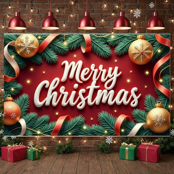 Pine Branches Christmas Banner Gold Ornaments Xmas Display Red Ribbons Snowflakes Holiday Backdrop for Christmas Party Holiday Gathering Indoor Decoration