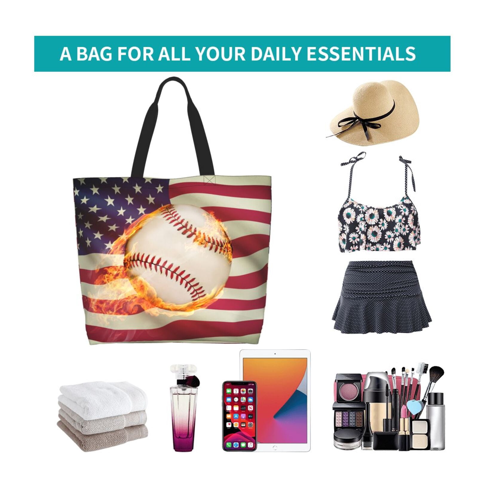 Naloa Baseball Ball With Flag Tote Bag for Women Large Capacity Shoulder Bag for College Work Travel Shopping