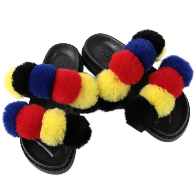 Women Furry Slippers Fashion Pom Pom Ball Faux Fur Slippers Fluffy Sandals