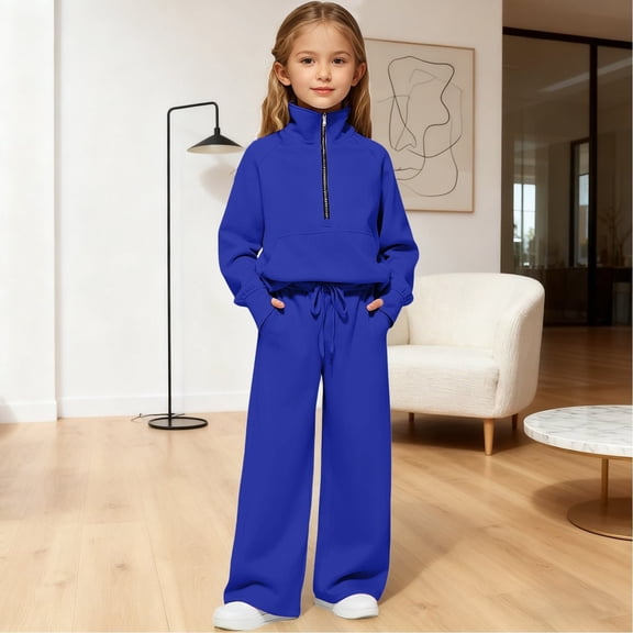 XIMIN Girls Half Zip 2 Piece Sweatsuit, Mock Neck Sweatshirt with Thumbholes, Wide Leg Sweatpants, Tracksuit Set (Dark Blue, 15-16 Years)