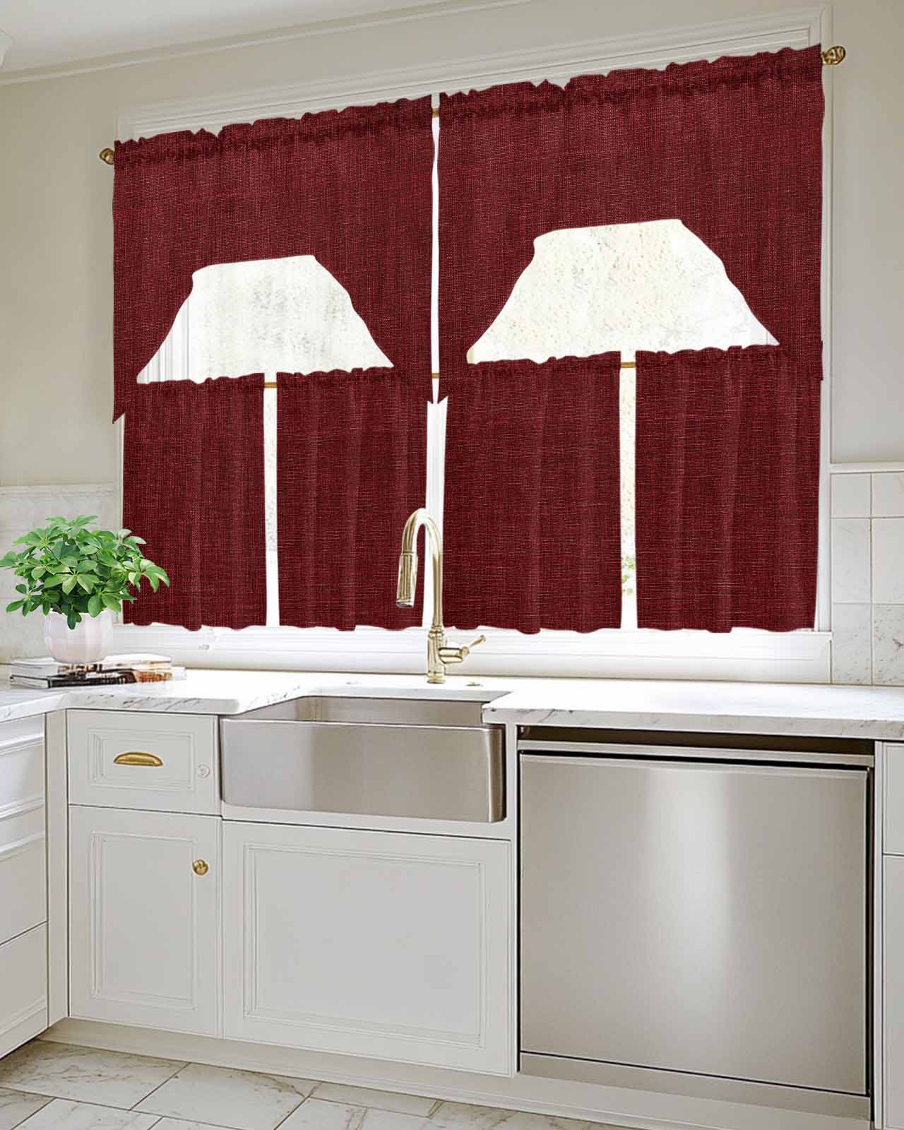 Vintage Dark Red Kitchen Curtains Swag Valance and Tier Curtains Set 24 Inch Length, Farmhouse Retro Solid Color Linen Texture Rod Pocket Drape Panels Pair Swag Curtains for Bathroom/Cafe/Window