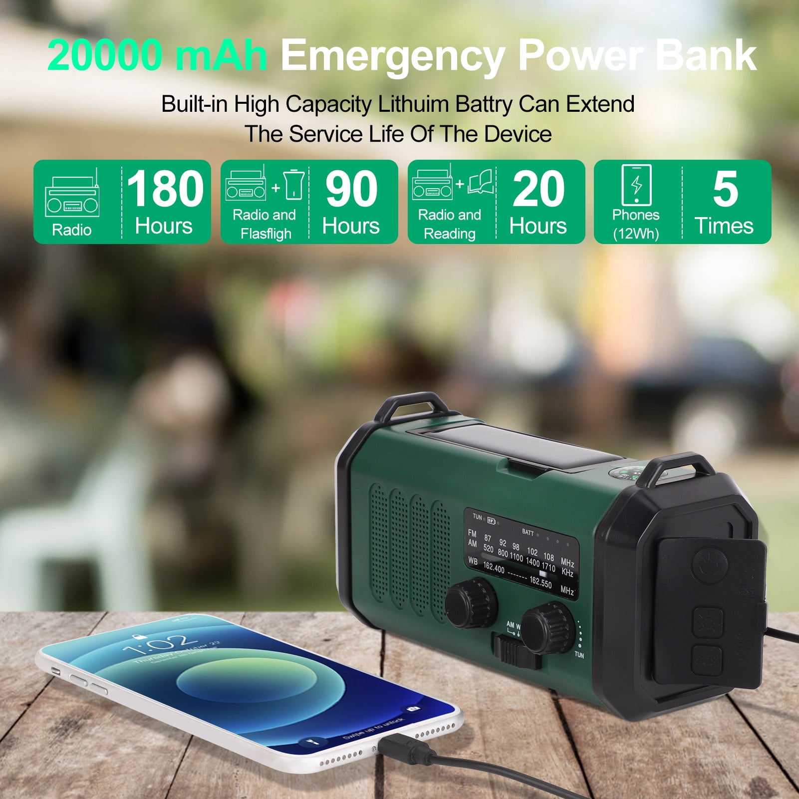 20000mAh Portable Hand Crank Solar Emergency Weather Radio with NOAA/AM/FM/ Type-C USB Phone Charging Radios/LED Reading Light/SOS/Compass for Outdoor Camping/Hiking/Travelling