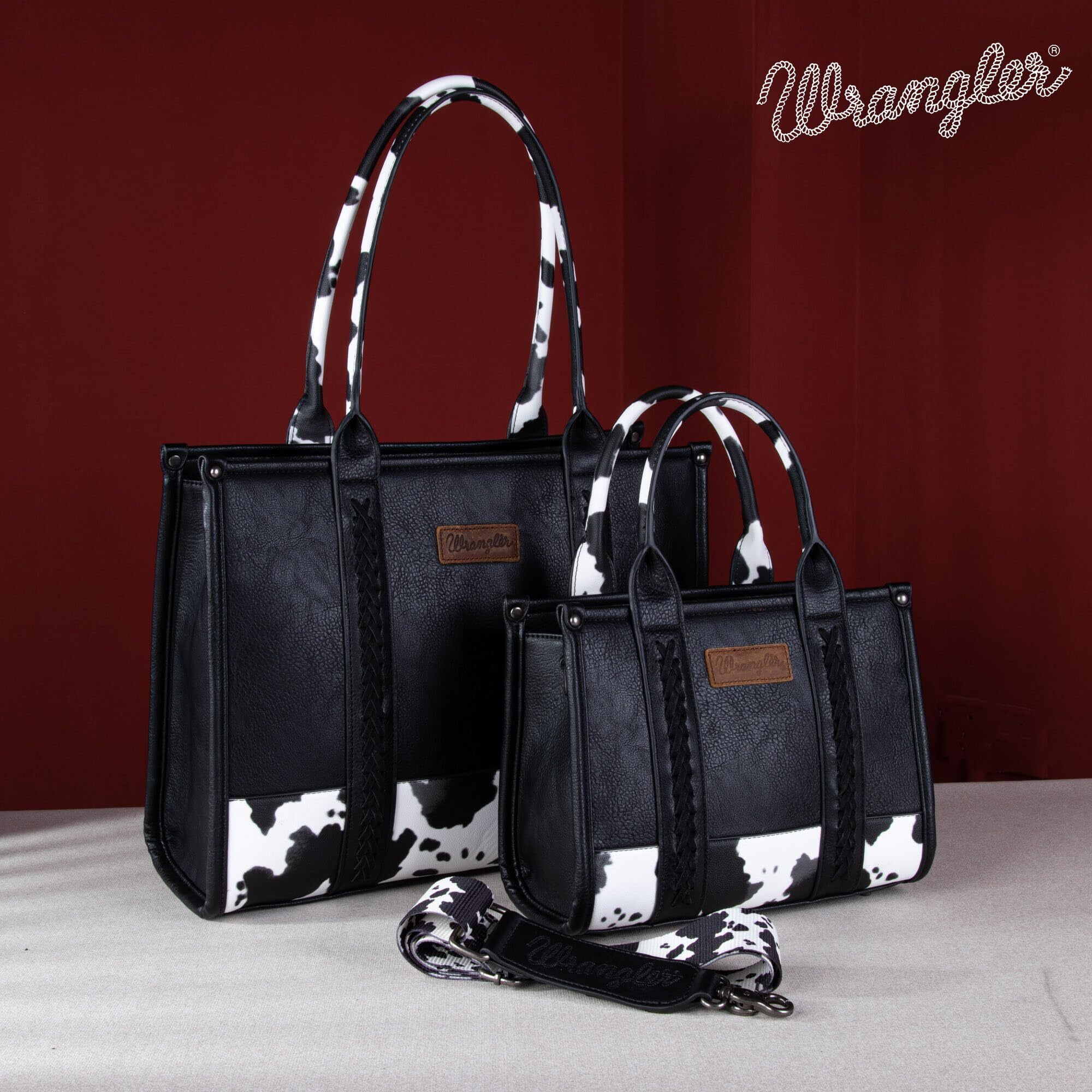 Wrangler Medium Tote Bag for Women Designer Satchel Handbags Top-handle Purses with Strap, Bottom Cow-Black