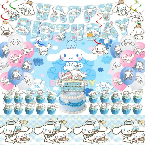 Cinnamoroll Birthday Decorations, Party Supplies Set Include Banner, Backdrop, Balloons, Hanging Swirls, Cake Cupcake Toppers, Tablecloth for Kids Cinnamoroll Theme Party